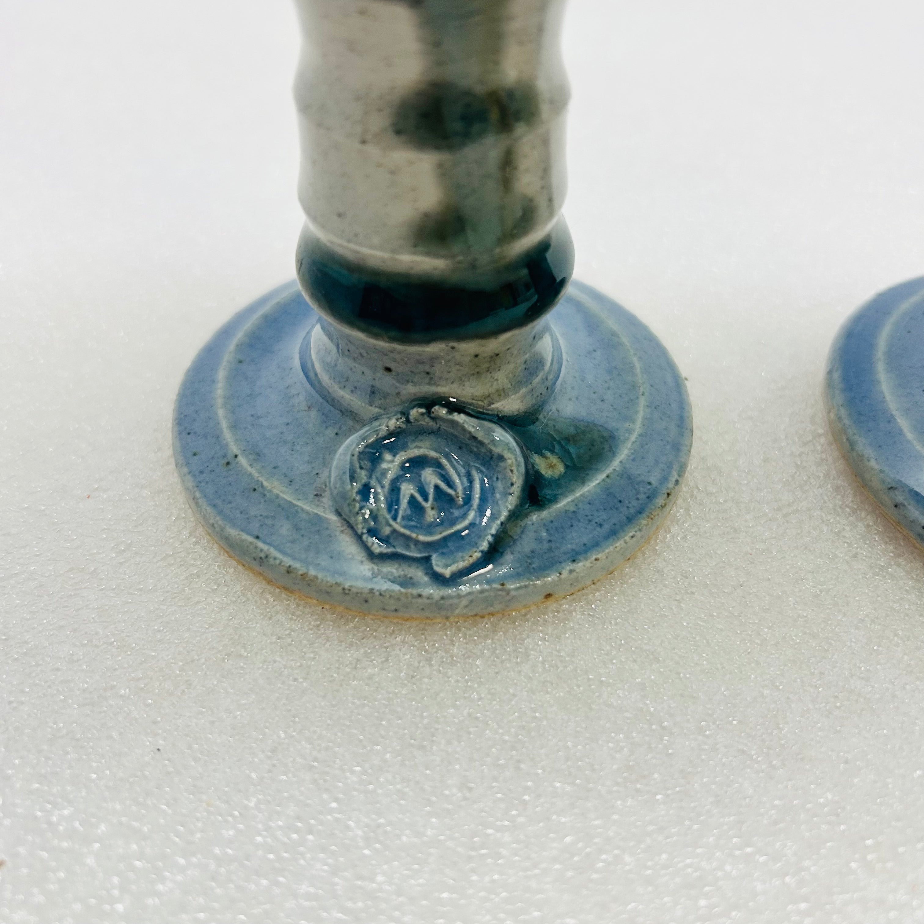 Vintage Studio Pottery Wine Goblets Blue Green Drip Glaze M Seal Set of 2