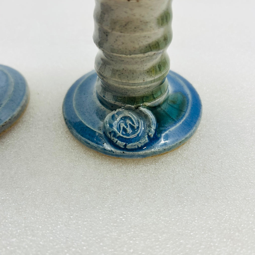 Vintage Studio Pottery Wine Goblets Blue Green Drip Glaze M Seal Set of 2