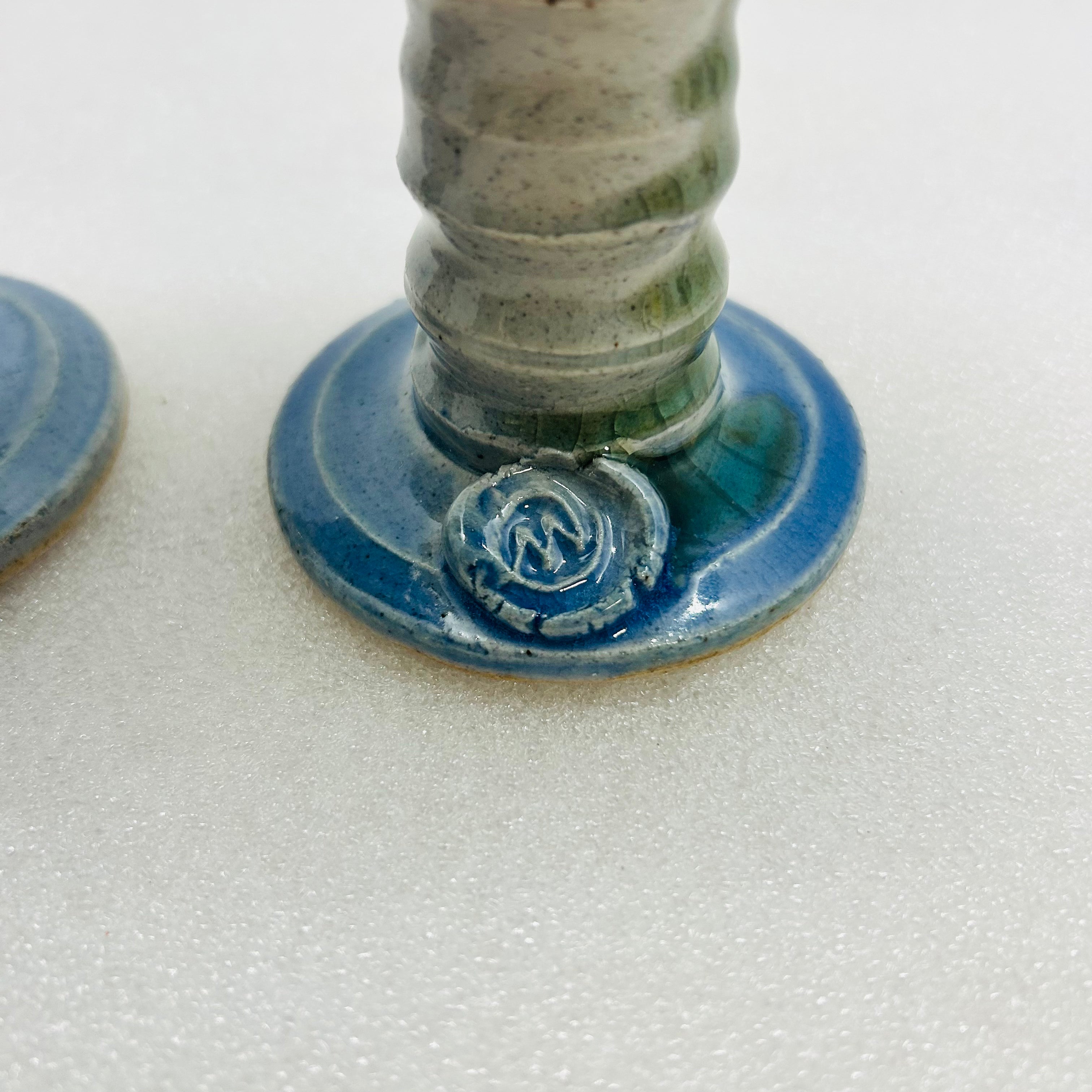 Vintage Studio Pottery Wine Goblets Blue Green Drip Glaze M Seal Set of 2