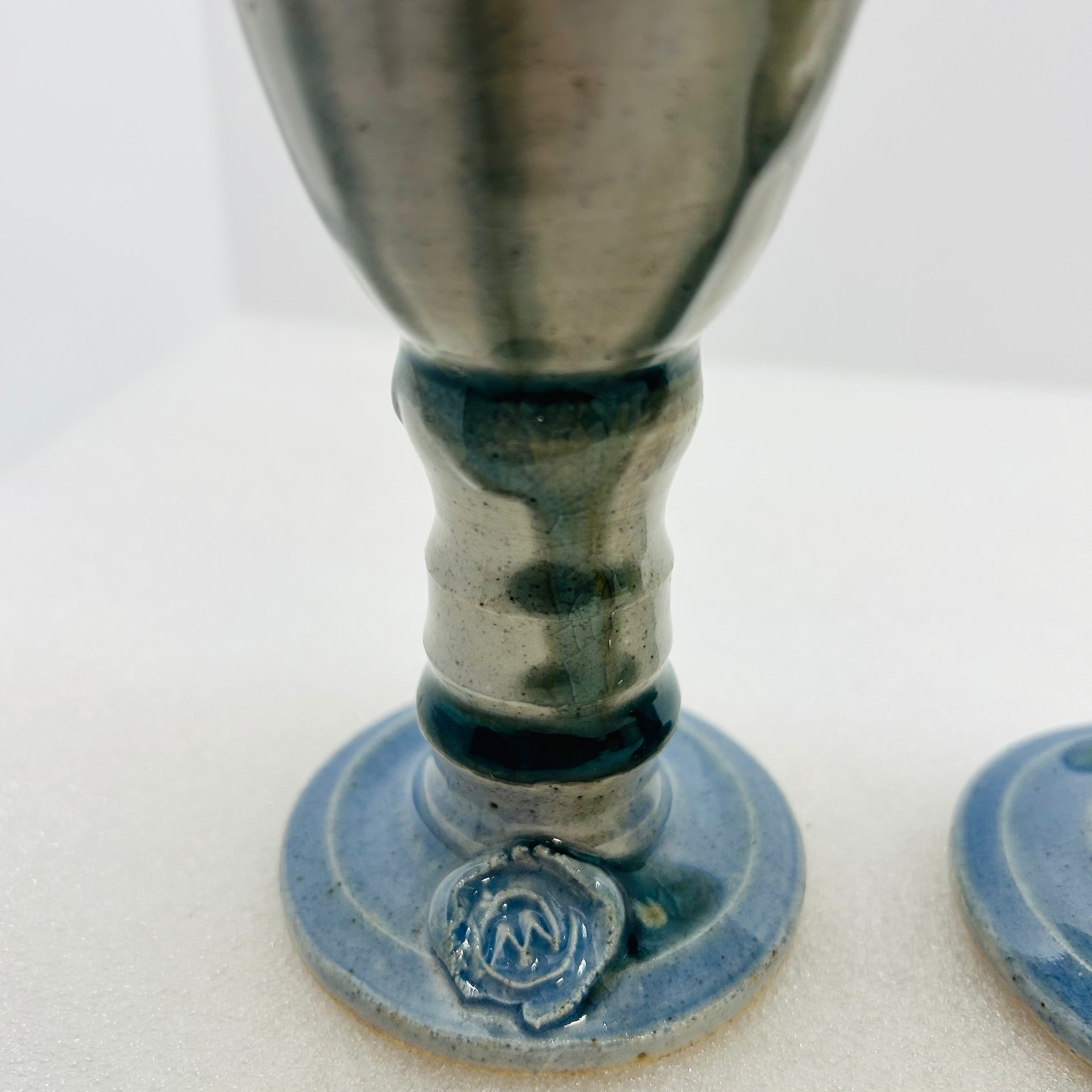 Vintage Studio Pottery Wine Goblets Blue Green Drip Glaze M Seal Set of 2
