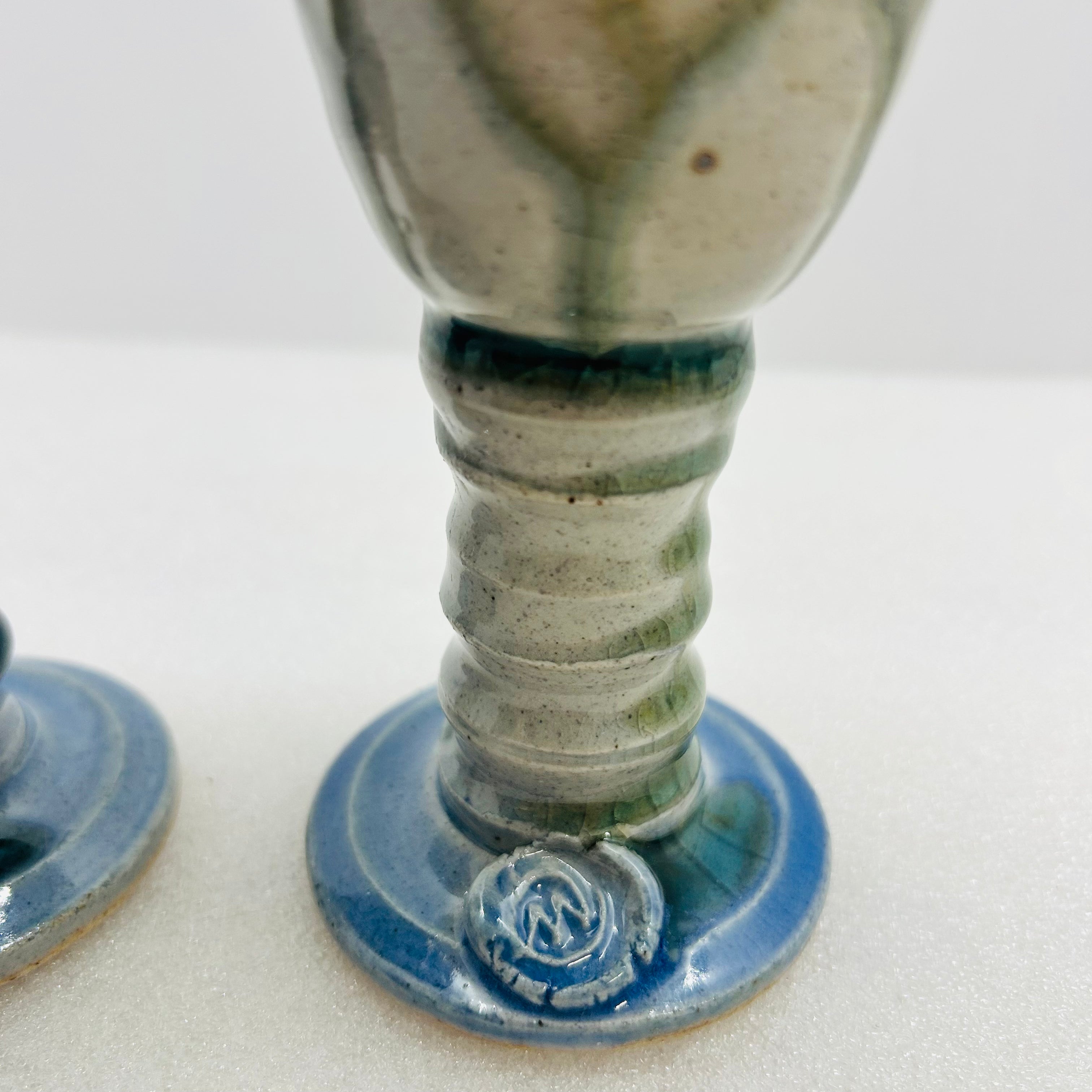 Vintage Studio Pottery Wine Goblets Blue Green Drip Glaze M Seal Set of 2