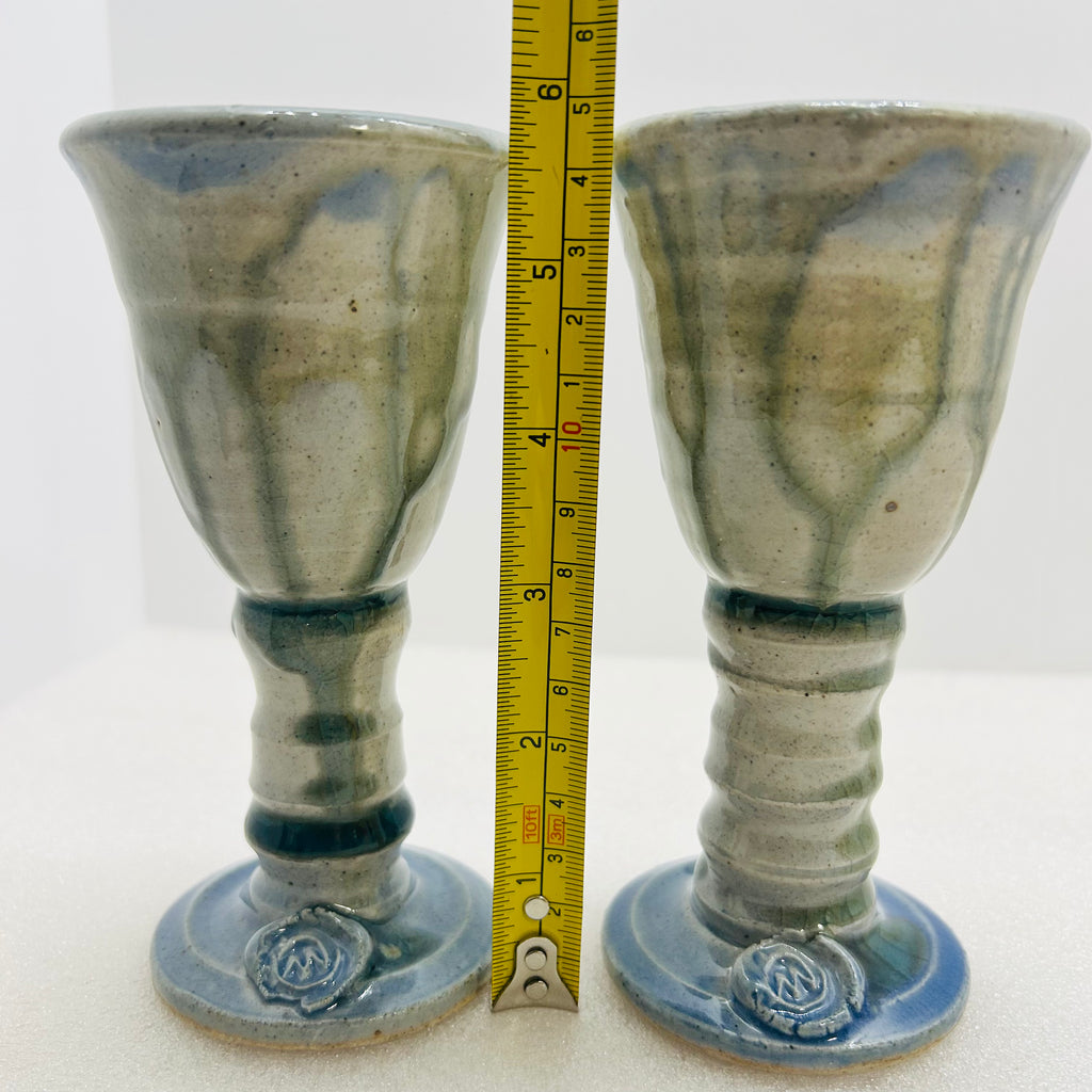 Vintage Studio Pottery Wine Goblets Blue Green Drip Glaze M Seal Set of 2