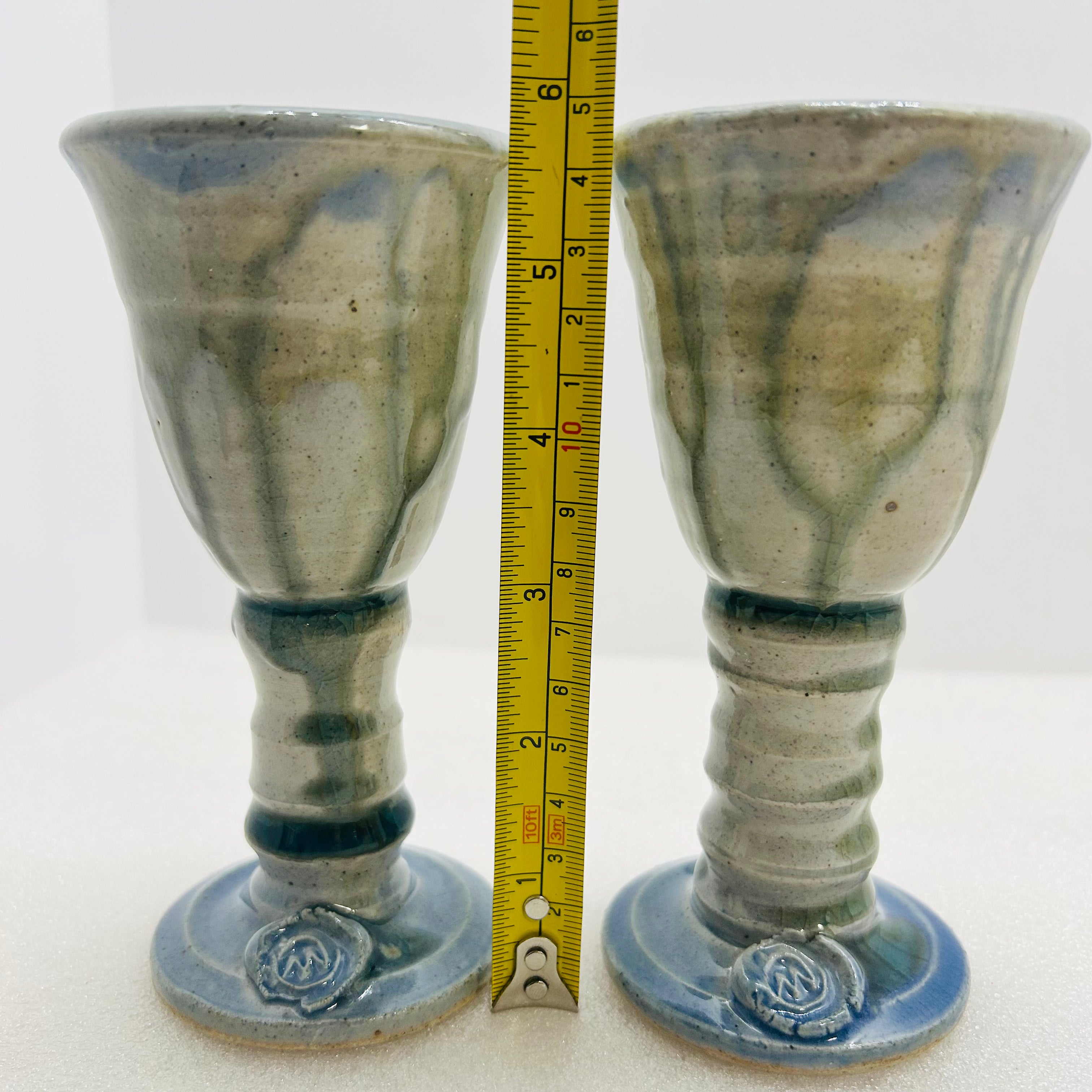 Vintage Studio Pottery Wine Goblets Blue Green Drip Glaze M Seal Set of 2