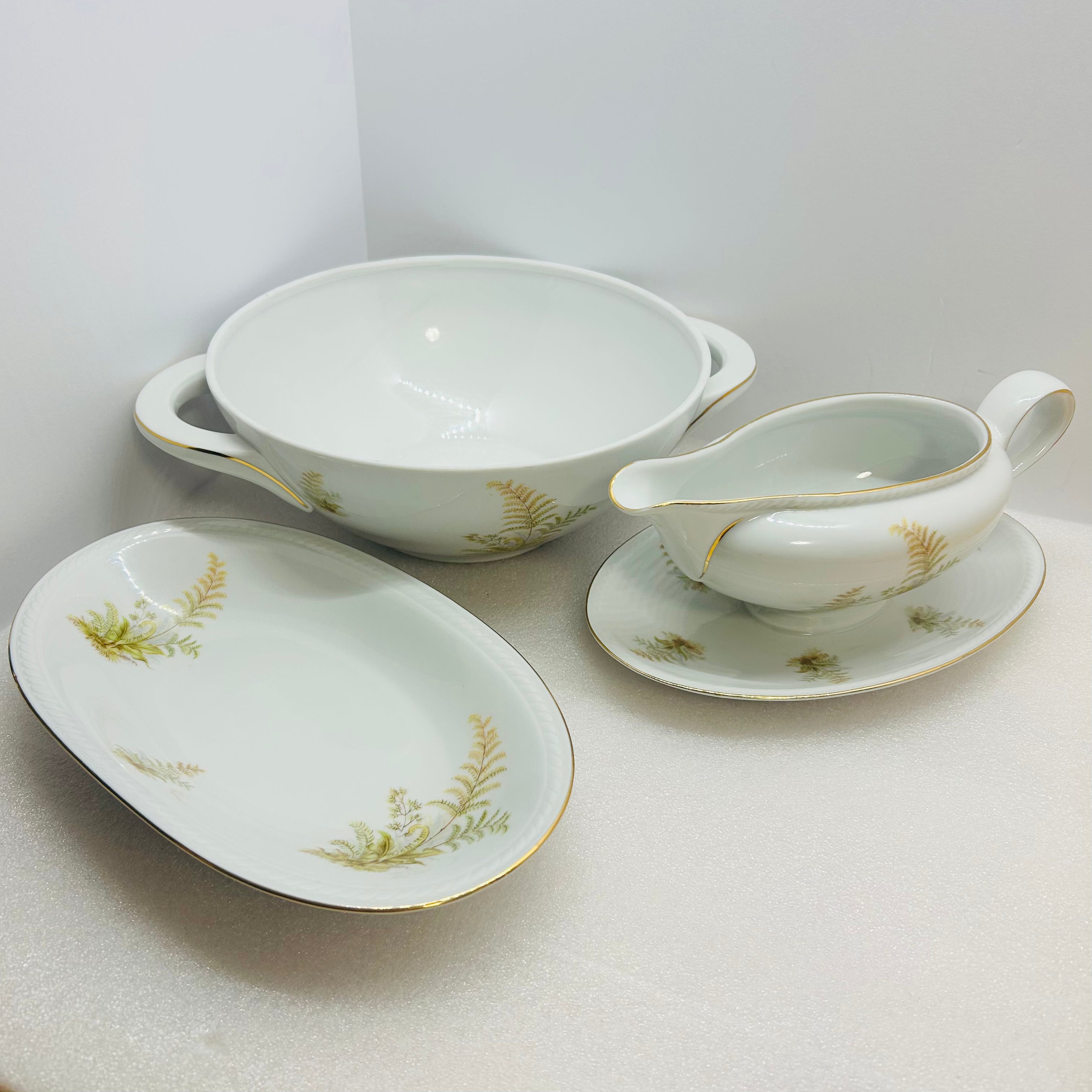 Winterling Bavaria Germany 3pc Serving Set Fern Gold Trim Bowl Gravy Boat