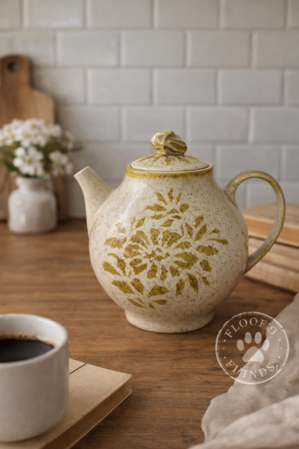 Vintage Red Wing Damask Teapot Round 7” Green Floral w Lid USA