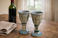 Vintage Studio Pottery Wine Goblets Blue Green Drip Glaze M Seal Set of 2