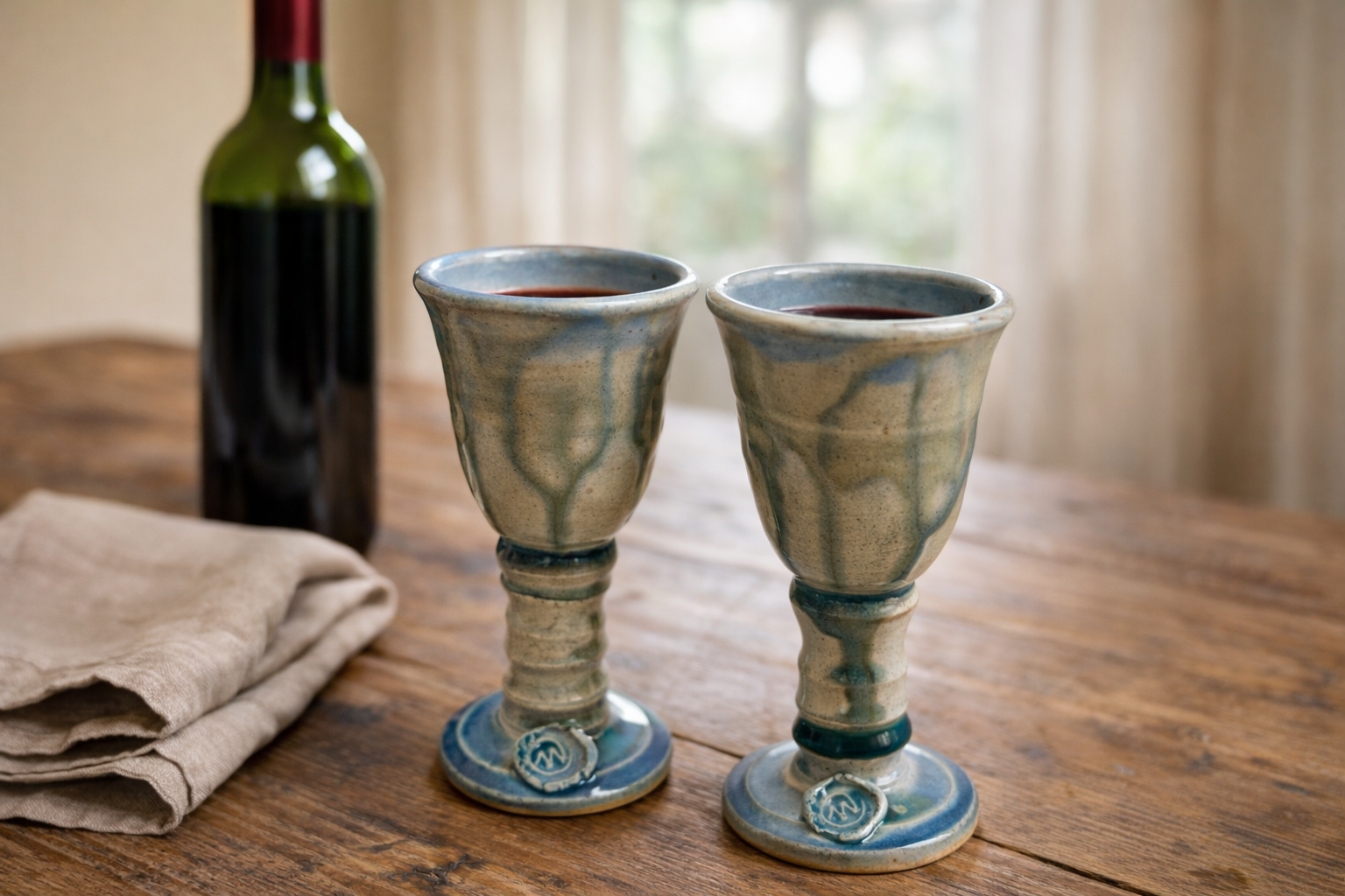 Vintage Studio Pottery Wine Goblets Blue Green Drip Glaze M Seal Set of 2