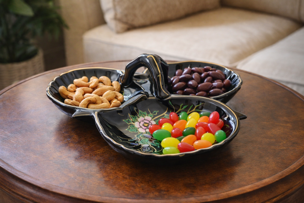 Vintage Maruhon Ware Hand Painted Japan 3 Section Candy Nut Dish Black