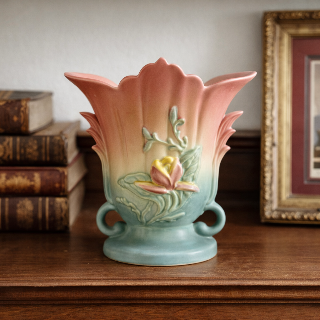 Hull Art Pottery Vase 118 Matte Pink Blue Floral USA Vintage 8in