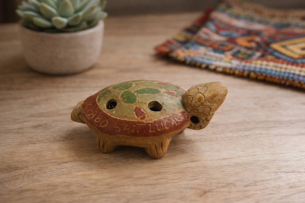 Vintage Cabo San Lucas Mexico Clay Turtle Whistle Ocarina 3in