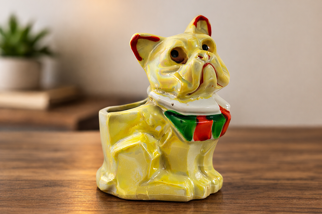 Vintage Japan Bulldog Planter Yellow Marbled Ceramic Dog 3.5”