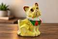 Vintage Japan Bulldog Planter Yellow Marbled Ceramic Dog 3.5”
